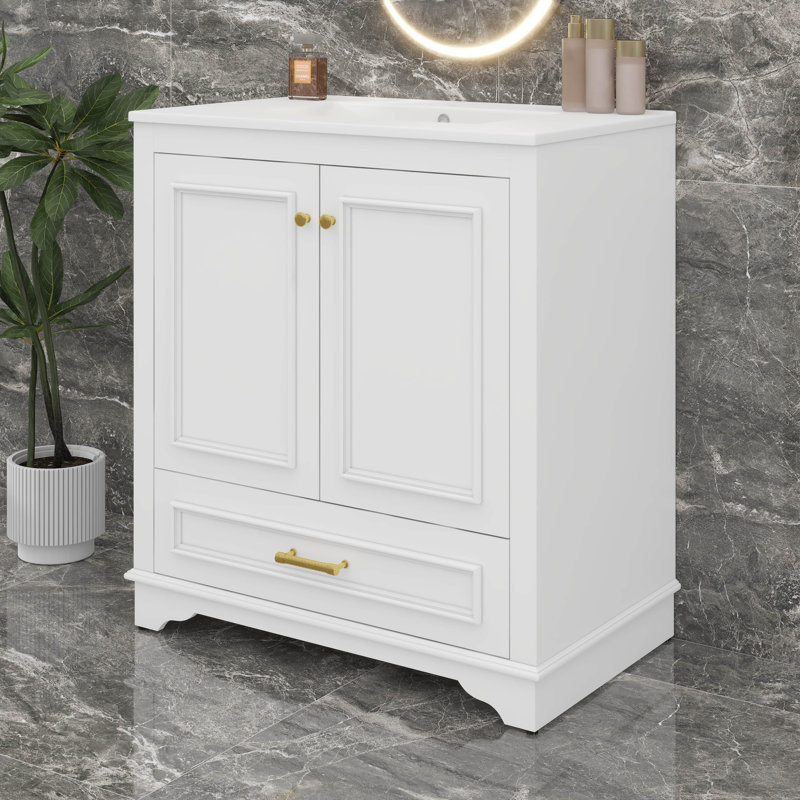 Meuble-lavabo autoportant avec lavabo, 2 grandes portes à fermeture douce, tiroir, Blanc