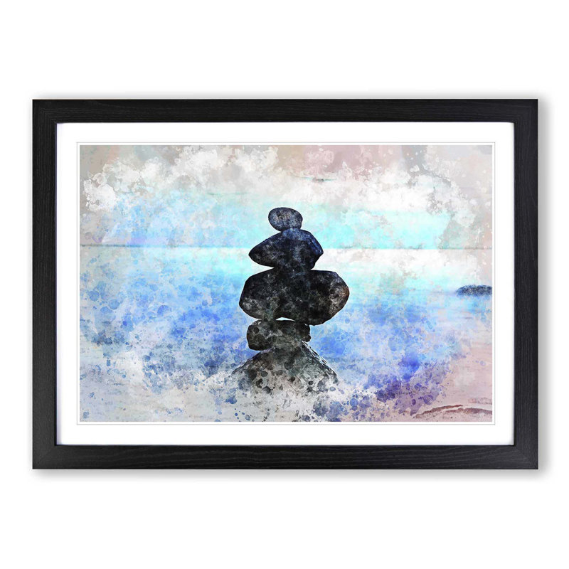 Balancing Zen Stones upon a Lake in Abstract - Picture Frame Painting Print on MDF, 62cm H x 87cm W x 2cm D, Black Framed