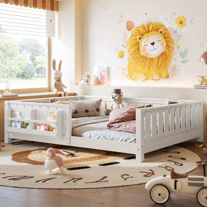Structure de lit double avec bibliothèque intégrée, lit plateforme pour enfant Safety Guard, blanc, White, Full