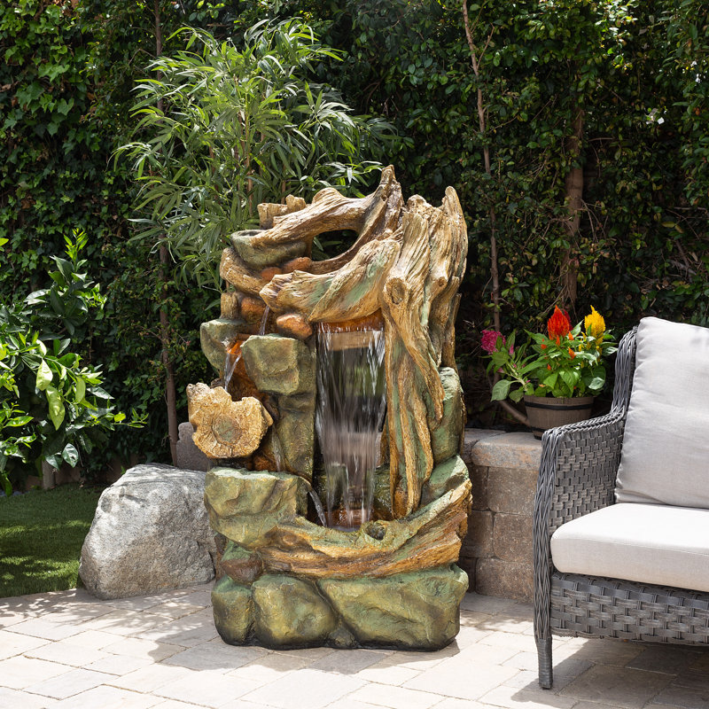 Outdoor Tiered Floor Tree Trunk Fountain with LED Lights, 55" H x 24" W x 34" D