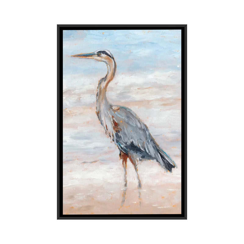 «Beach Heron II» par Ethan Harper - reproduction d'art, H 48 po x l 32 po x P 1,5 po, Toile avec cadre noir, Pas de tapis