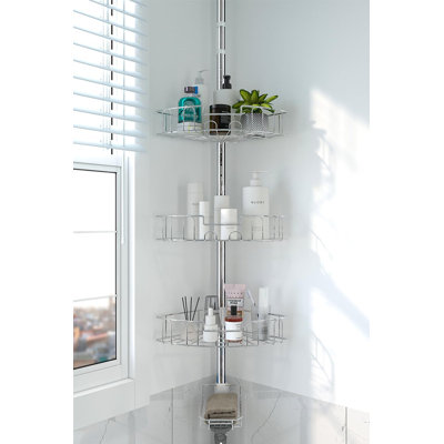 Poteau de tension réglable en acier inoxydable pour chariot de douche - Organisateur de douche de plancher à plafond résistant à la rouille avec rangement à 4 niveaux pour les essentiels de salle de bain