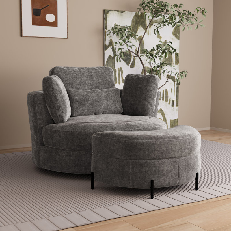 49.6" W Oversized Modern Swivel Accent Chair With Pillows And Ottoman, Gray