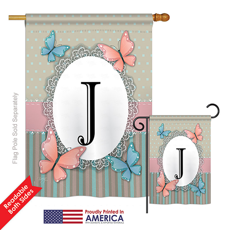 « papillons a initials », drapeau de jardin initial et grenouilles, ensemble de 2 côtés en polyester vertical décoratif, J