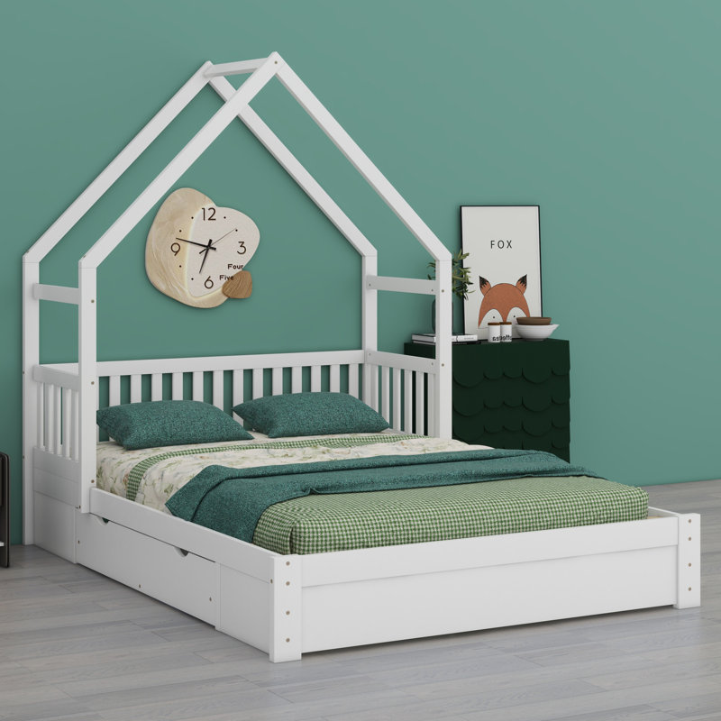 Lit plateforme House avec garde-corps et 2 tiroirs, Blanc