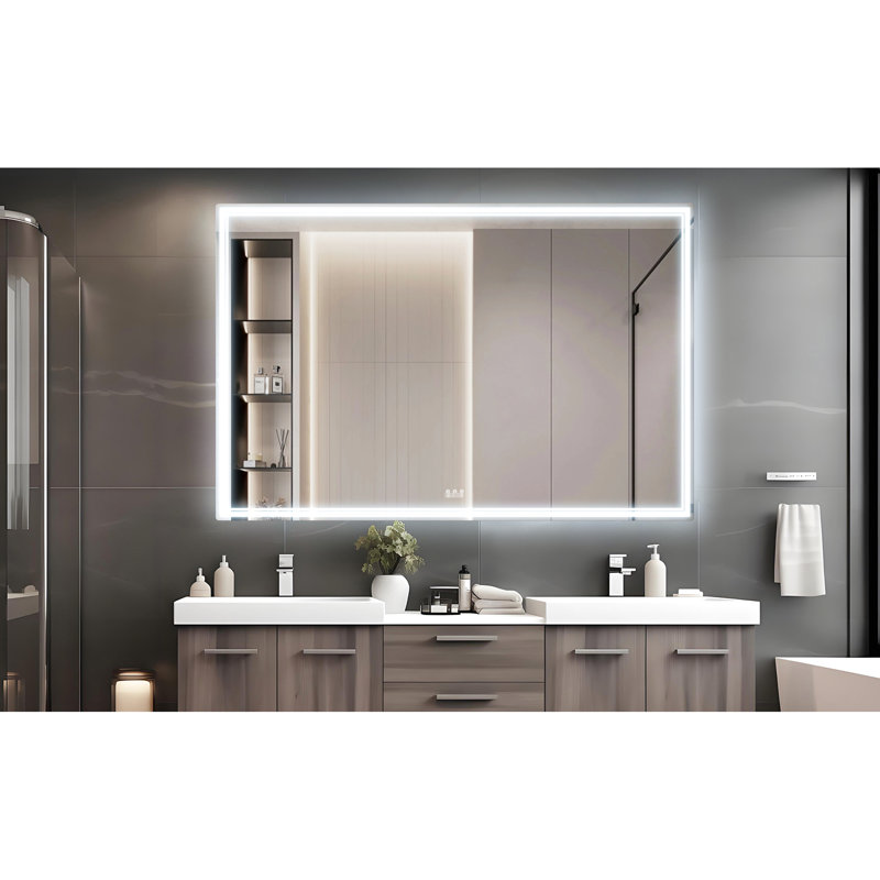 Miroir de salle de bain 60 po x 40 po avec DEL, imperméable, cadre en aluminium, contrôle tactile intelligent, fixation murale pour la salle de bain