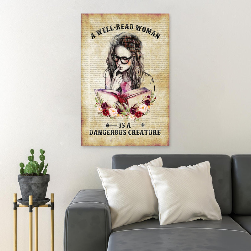 Fille lisant des livres - Une femme qui lit bien est une créature dangereuse - 1 pièce, impression d'art graphique rectangulaire sur toile tendue