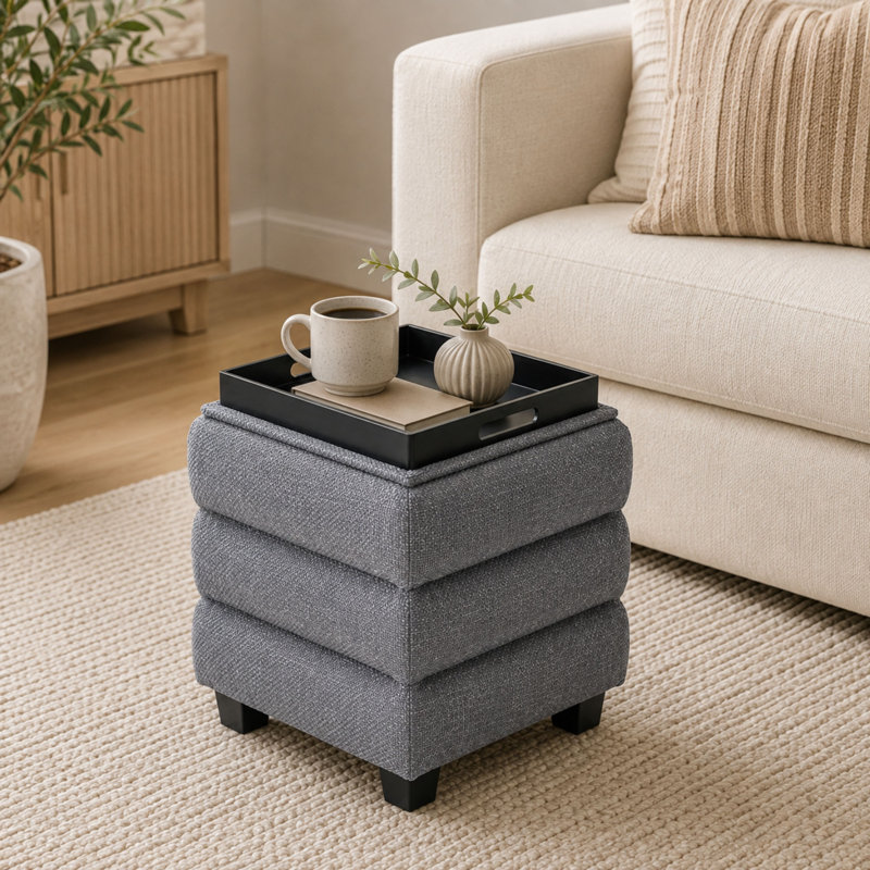  Repose-pieds carré avec rangement en bois de 15 po de hauteur et plateau en bois, Gris