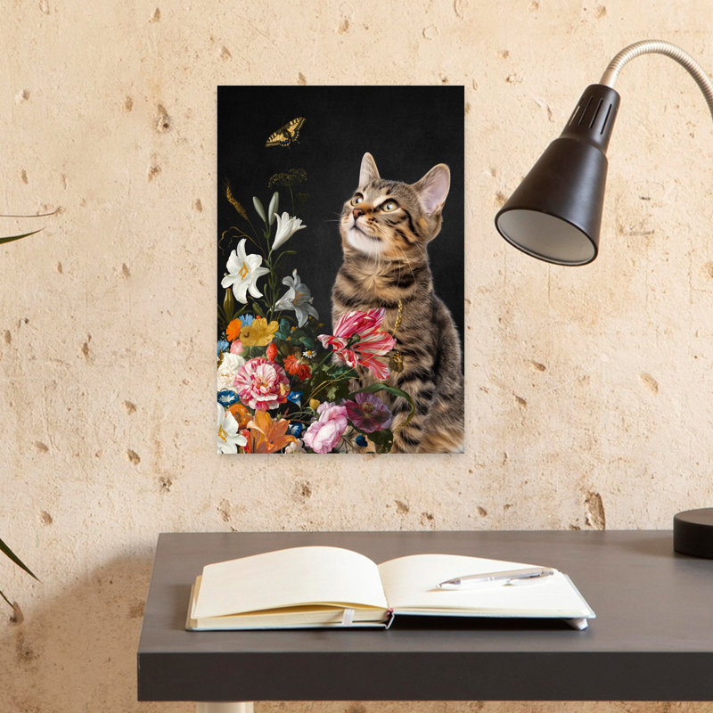 Art contemporain, chat, chats et papillons, H 18 po x l 12 po