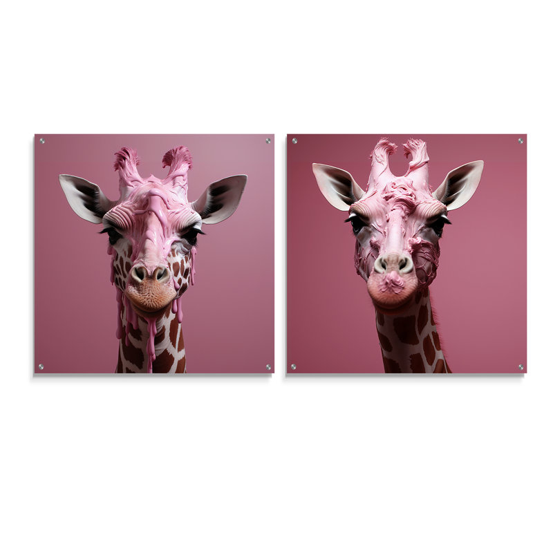 «Pink Giraffe Romantic Stance» - ensemble de 2 peintures murales en acrylique girafe, H 16 po x l 33 po