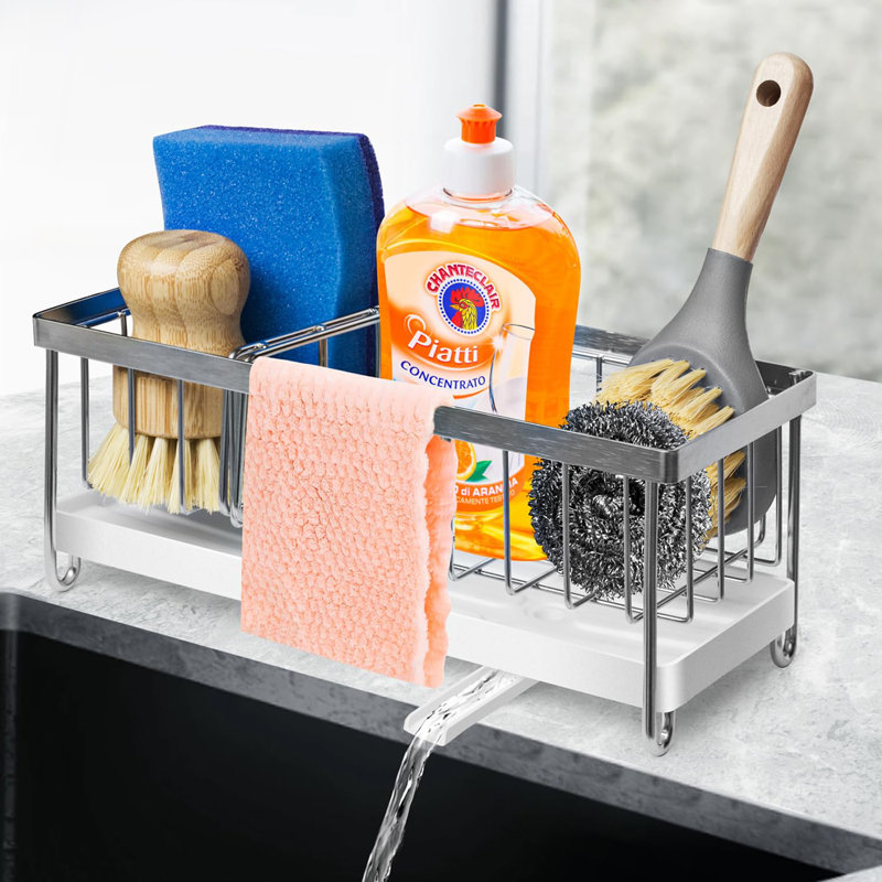 Rustproof Stainless Steel Sink Caddy With Adjustable Divider, Self-Draining Design, Organized Storage For Sponges, Brushes, And Dish Soap