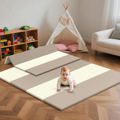 47"X47"X1.2" Foldable Yoga Mat & Exercise Mat, Waterproof Playmats For Floor, Thicken Foam Playmat For Tummy Time & Crawling, Playpen Mat, Portable Floor Mat For Home Family Living Room, Beige+Milk Tea
