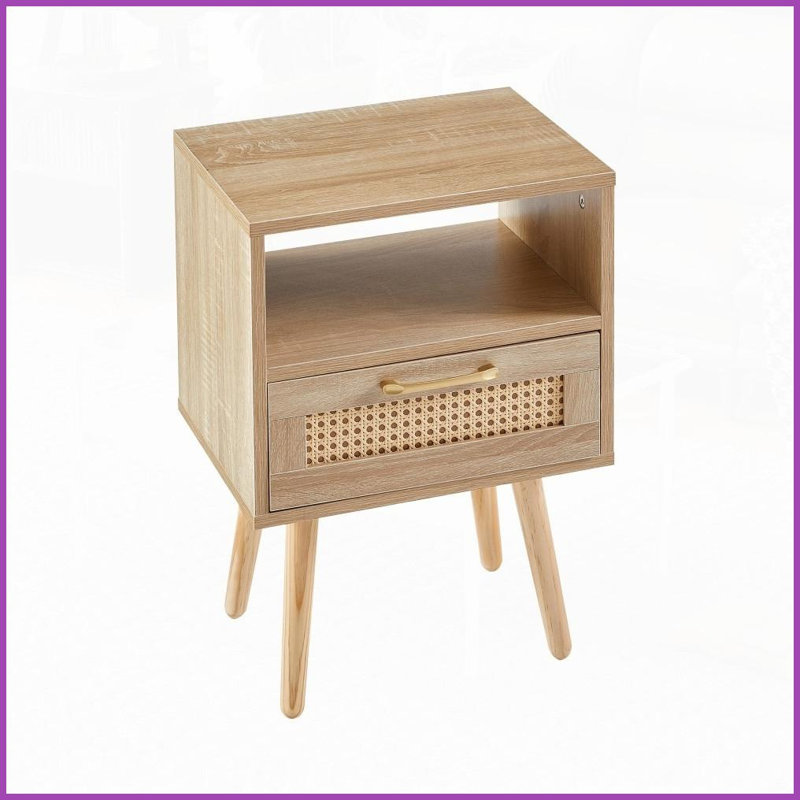 Table basse en rotin naturel pour le salon, panneau de fibres à densité moyenne et amp; Pieds en bois massif, facile à nettoyer et amp; Assemblage facile
