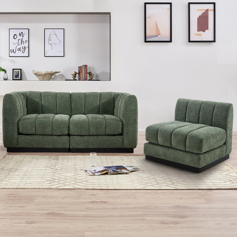 Myrhn Modular Sectional, 3-Seater Contemporary Sleeper with Solid Wood Base, Green