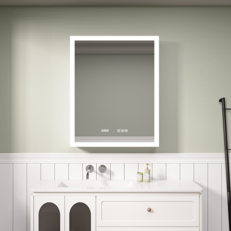 Armoire à pharmacie rectangulaire en aluminium argenté encastré / à fixation à gauche L 24 po x H 30 po avec miroir et horloge
