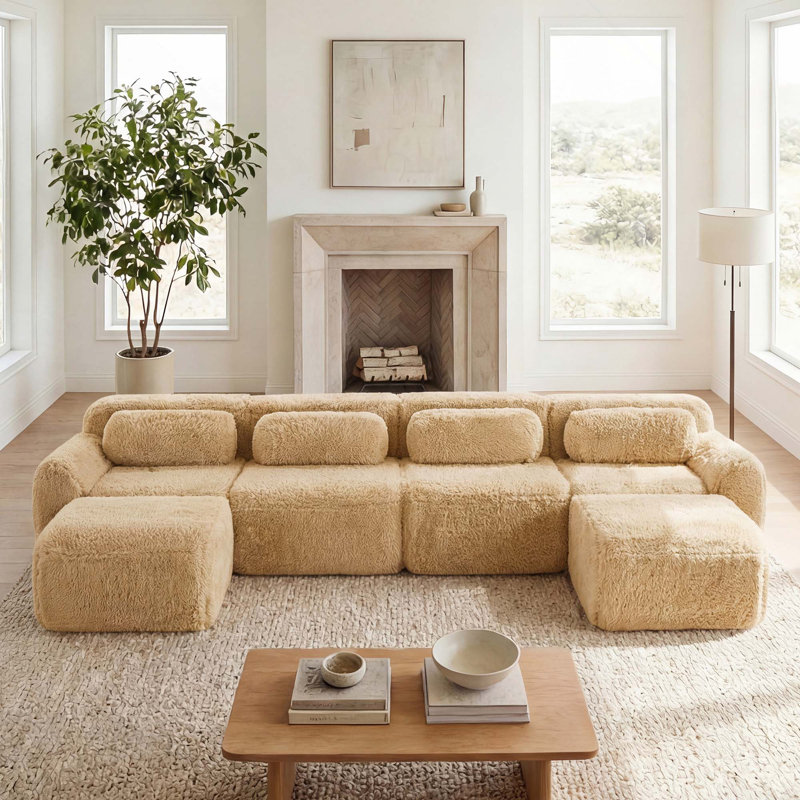 Canapé modulaire ergonomique à 4 places en tissu moelleux doux et moelleux avec coussins décoratifs et 2 repose-pieds pour le cinéma maison