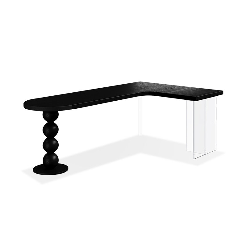 Bureau en bois massif en forme de L noir + bureau en acrylique, H 29,53 po x l 62,99 po x P 47,24 po, Retour à droite