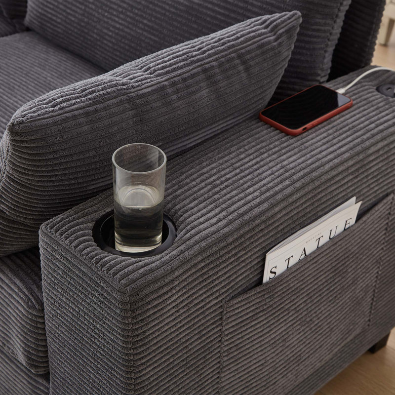 Canapé moderne en velours côtelé avec ports USB et assise profonde moelleuse, Noir
