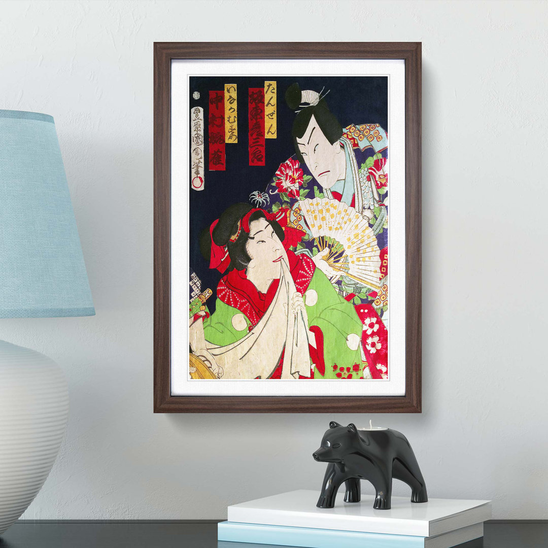 Lady & Man with a Fan by Toyohara Kunichika - Framed Print