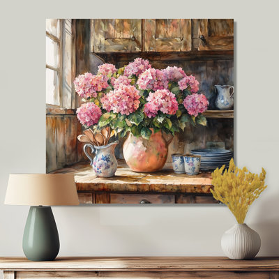 Hortensias dans la ferme, cuisine dans un vase en poterie I - hydrangées, décoration murale en métal