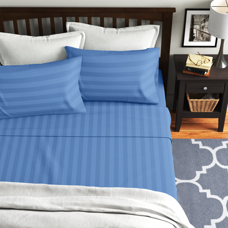 Cotton Blend Striped Sheet Set, Queen Sheet Set with 2 Pillowcases, Light Blue