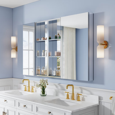 64''W X 36''H Recessed or Surface Wall Mount  Aluminum Bathroom Mirror Medicine Cabinet  And  Open Shelves Combo 