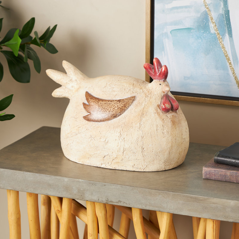 Magnesium Oxide Sitting Rooster Decorative Cream Garden Sculpture With Brown And Red Accents