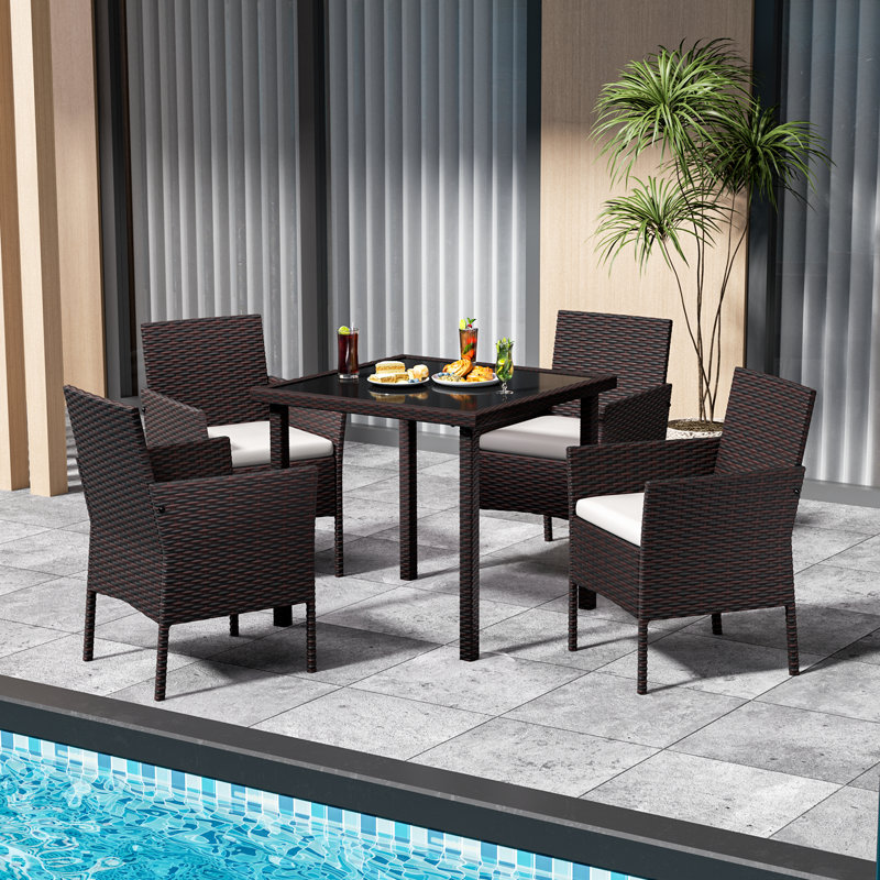 5 Piece Patio Outdoor Dining Set, Wicker 4 Rattan Chairs, Square Tempered Glass Table and Cushions
