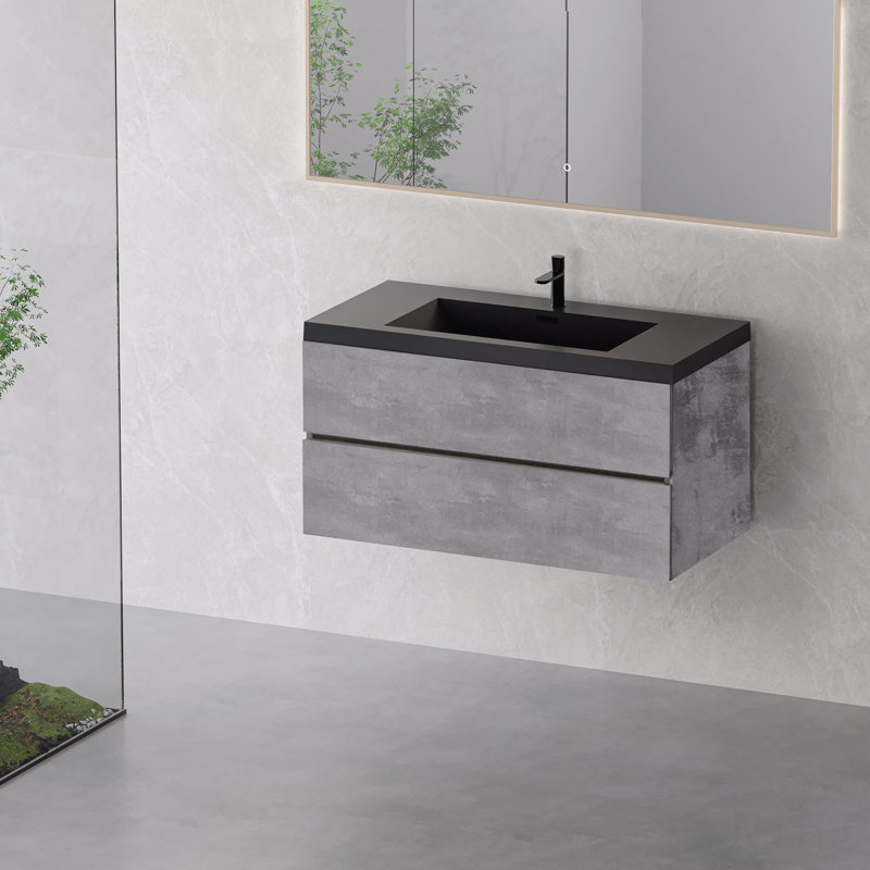 Meuble-lavabo mural 42 po avec lavabo, meuble de rangement mural moderne, lavabo à quartz noir et tiroirs à fermeture en douceur