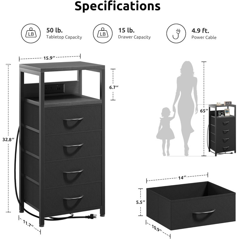 Table de chevet NightStand - table de chevet noire avec station de recharge, Noir