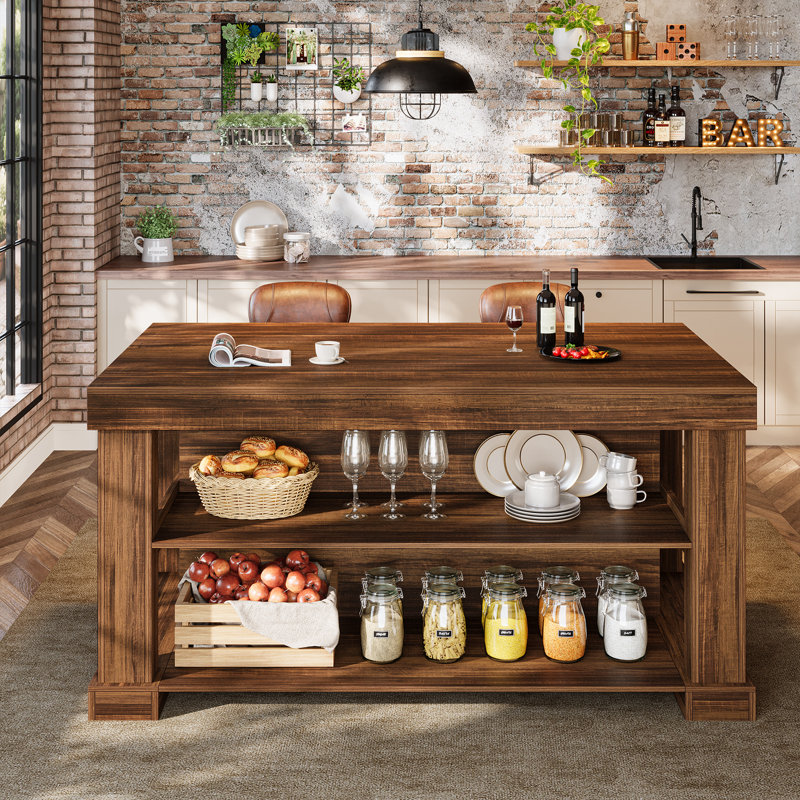55'' Large Home Bar Unit, 3-tier Pub Table With Storage Shelves, Modern Bar Table For Kitchen, Bistro, Living Room