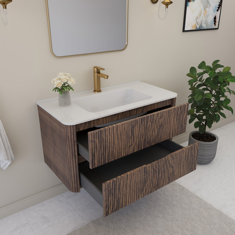 Fully Assembled Wall-Mounted Floating Bathroom Vanity With Top, 36", Walnut