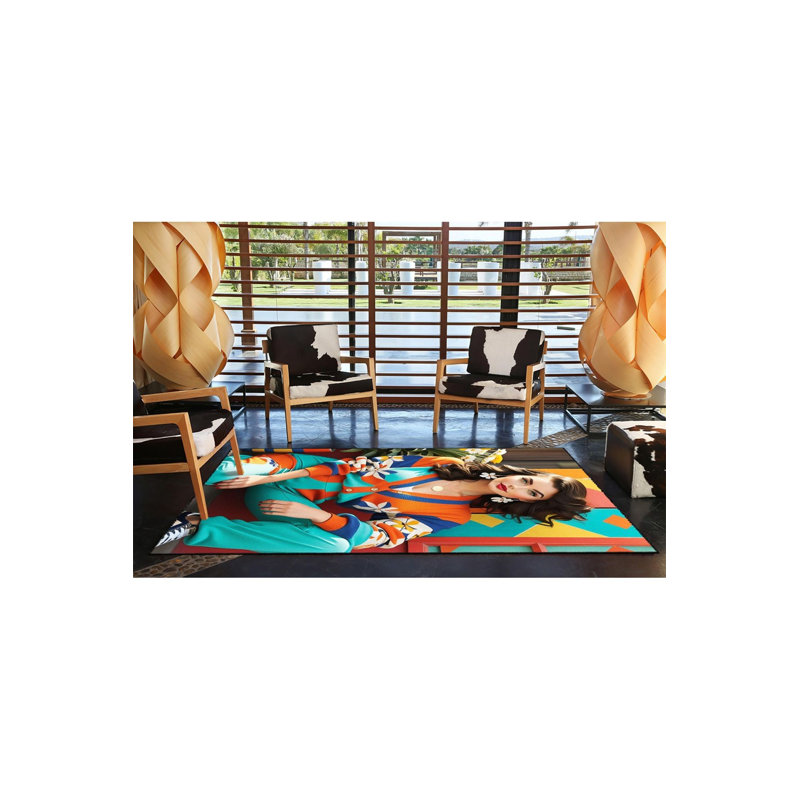 Tapis décoratif lavable à la machine assis et souriant, Sous-tapis rectangulaire de 3 pi 3 po x 4 pi 11 po