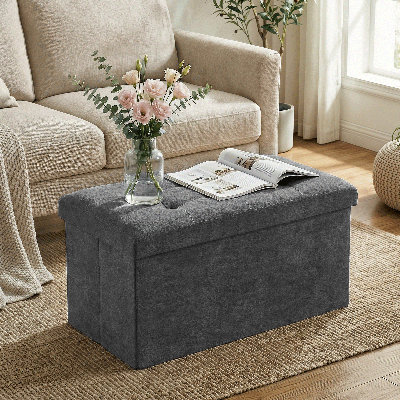 30" Collapsible Storage Ottoman Bench, Cotton-Linen Footrest With Storage, For Living Room, Bedroom Entryway