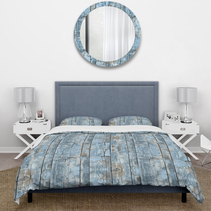 Powder Blue And Silver Barn Wood II - Farmhouse Duvet Cover Set, King Duvet Cover + 2 King Pillow Shams