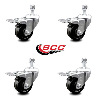 Ensemble de roulettes à tige filetée pivotante 3,5 po ½ po avec frein Total Lock