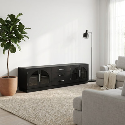 Contemporary Large Screen Media Console with Adjustable Shelves and Glass Cabinets