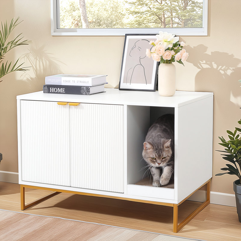 32'' White Modern Cat Litter Box Enclosure, White