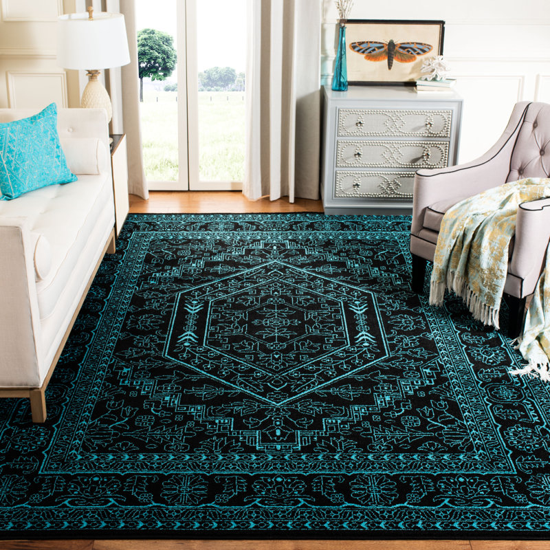 Stromsburg Oriental Area Rug, Black/Teal, Rectangle 91 x 152 cm