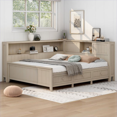 Farmhouse Style Full Size Solid Wood Daybed with Built-In Storage Drawers and Side Shelves, Classic White