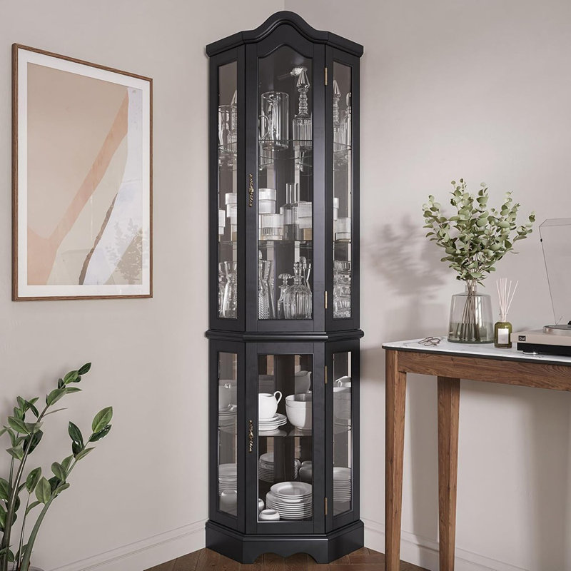 Vitrine d'angle à 3 côtés avec portes en verre - Vitrine en bois courbé noir avec tablettes en verre trempé et ampoule