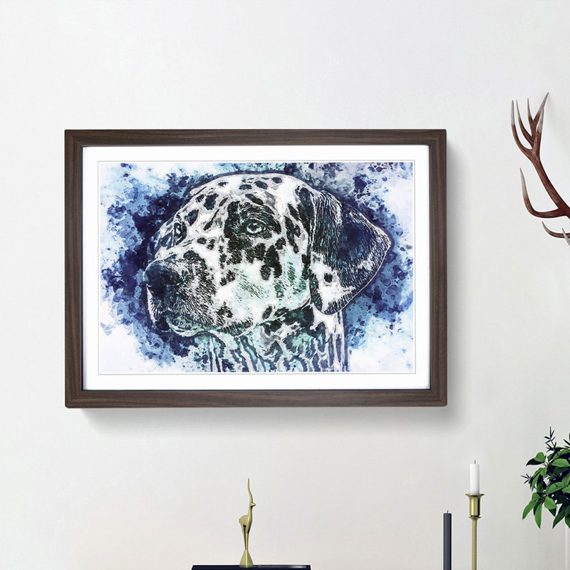 Dalmatian Dog in the Blue in Abstract - Picture Frame Painting Print, 62cm H x 87cm W x 2cm D, Walnut Framed