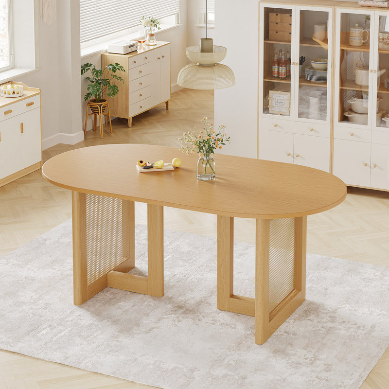 Midkiff 33.5"W×30"H Oval Dining Table Kitchen Table with Rattan Double Pedestal Base, 30"H x 67"L x 33.5"W, Natural Wood