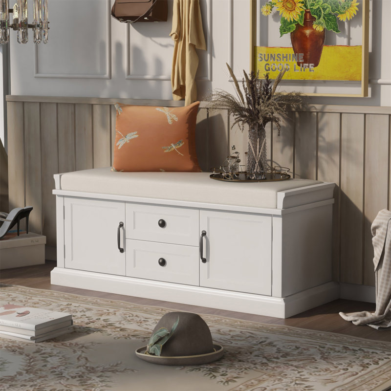 Banc de rangement avec 2 tiroirs et 2 armoires, banc à chaussures avec coussin amovible pour le salon, vestibule, Blanc