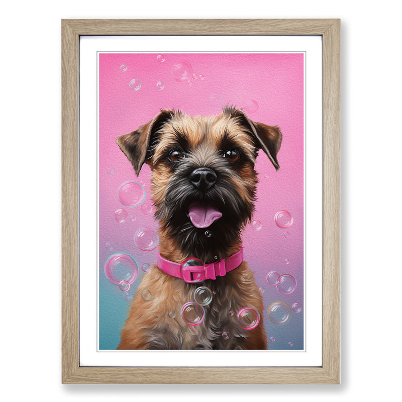 Border Terrier Bubble Gum Painting - Framed Print, Oak Framed, 34cm H x 25cm W x 2cm D