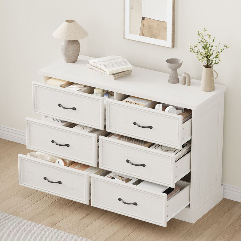 Commode à 6 tiroirs Farmhouse, commode à 6 tiroirs de 47 po de largeur avec base robuste, meuble télé en bois pour chambre d'enfant