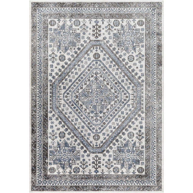 Rectangle Gibraltar Oriental Machine Woven Polypropylene/Polyester Area Rug in Light Gray/Blue, Rectangle 7'10" x 10'