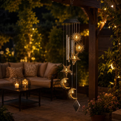 Solar Sun Moon Star Wind Chime with Warm LED Outdoor Lights