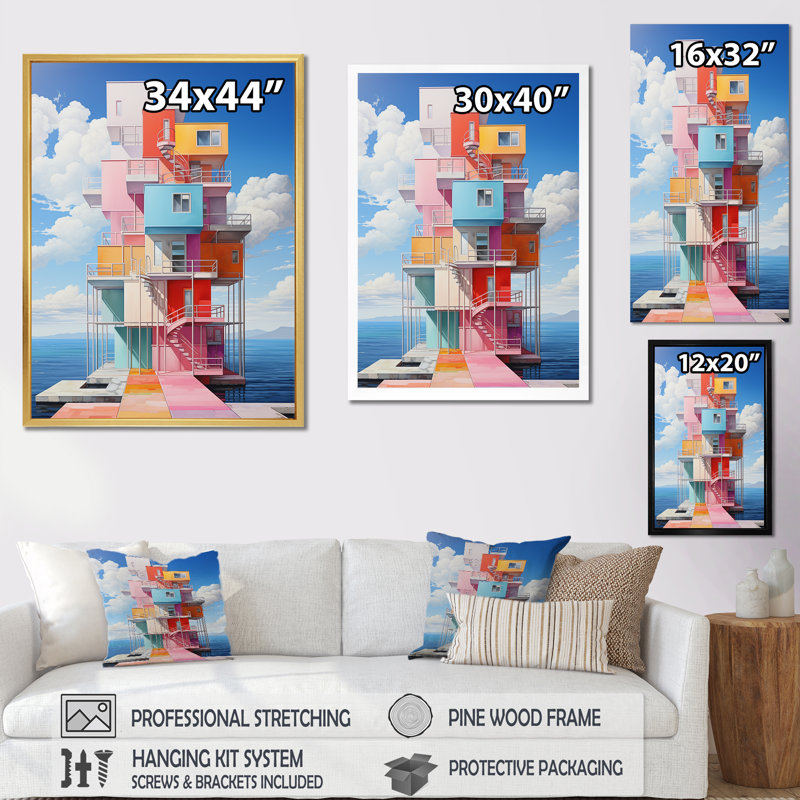 Phare de Stijl Lansdcape II sur toile, Cadre simple blanc, H 32 po x l 16 po x P 1 po