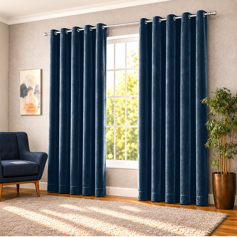Thermal Velvet Curtains with Eyelet Ring Top - Blackout Crushed Velvet Drapes Pair, 228cm Width x 228cm Drop, Blue/Navy